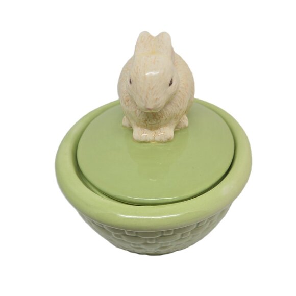 Hallmark Bunny Ceramic Trinket Bowl on a Green Basket - Picture 3 of 8
